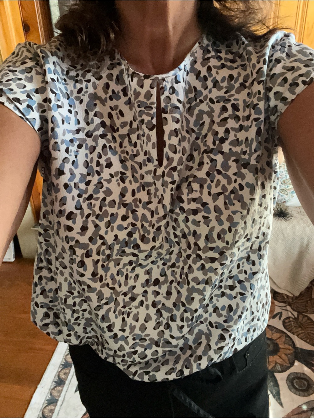 Ann Taylor Leopard Print Cap Sleeve Blouse - Cream, Blue and Gray